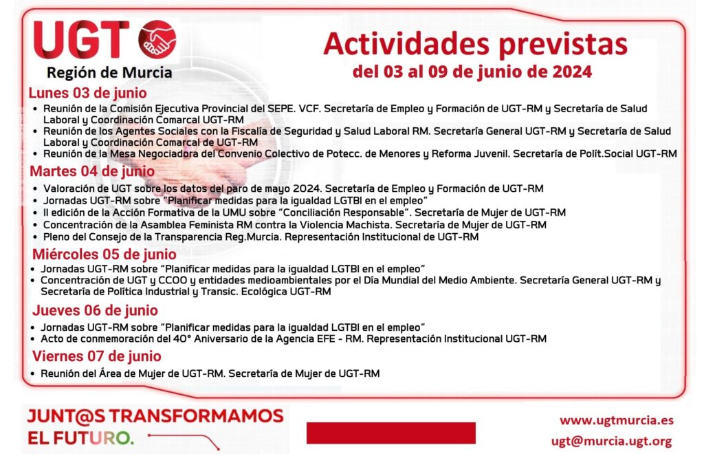 Actividades previstas de la Comisión Ejecutiva Regional de UGT Reg.Murcia, del 03 al 09 de junio de 2024