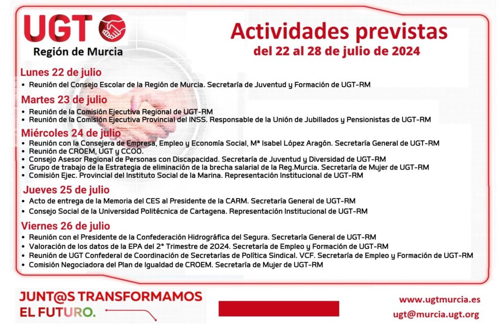 Previsiones informativas de la Comisión Ejecutiva Regional de UGT Reg.Murcia para la semana del 22 al 28 de julio de 2024
