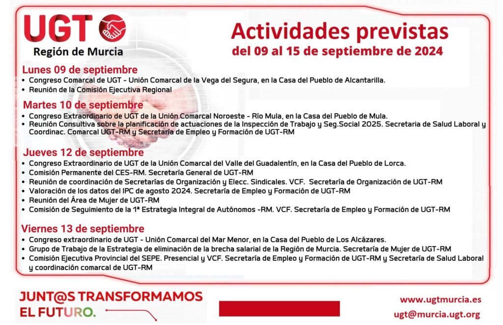 Actividades previstas de la Comisión Ejecutiva Regional de UGT-RM para la semana del 09 al 15 de septiembre 2024