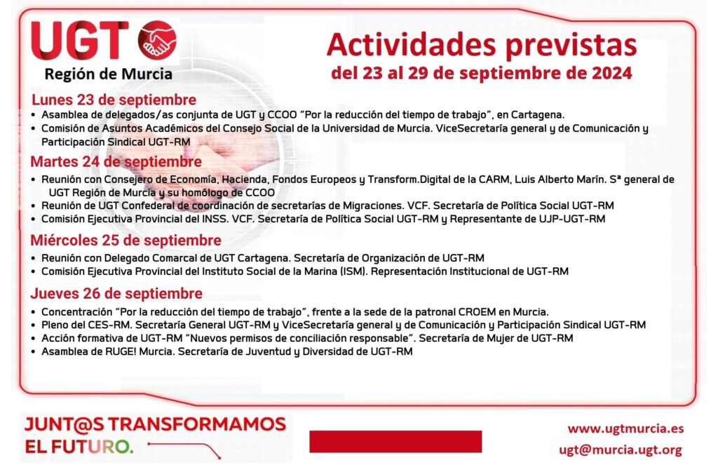 Actividades previstas por la Comisión Ejecutiva Regional de UGT-RM – Semana del 23 al 29 de septiembre 2024