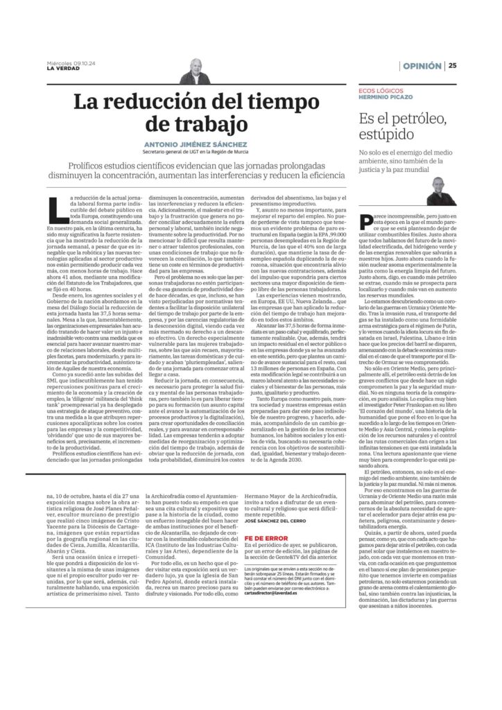 La reducción del tiempo de trabajo – Artículo de opinión del Secretario general de UGT Región de Murcia, Antonio Jiménez