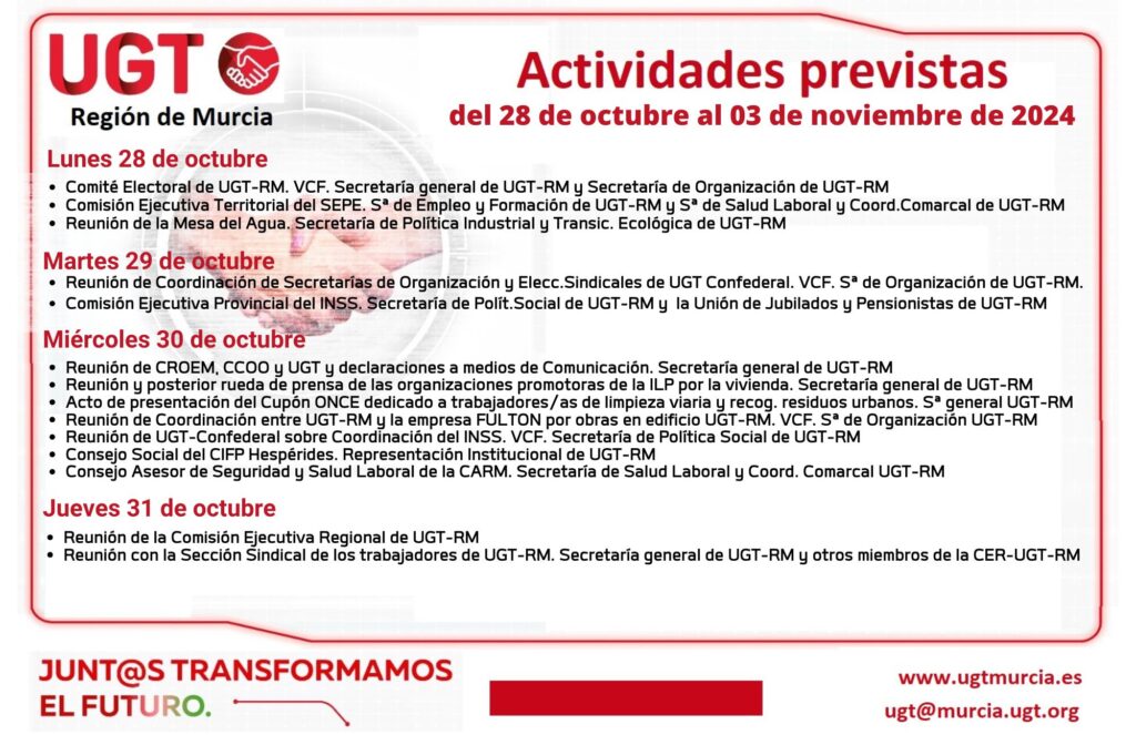 Previsiones Informativas de la Comisión Ejecutiva Regional de UGT Reg.Murcia, semana del 28 octubre a 03 noviembre 2024