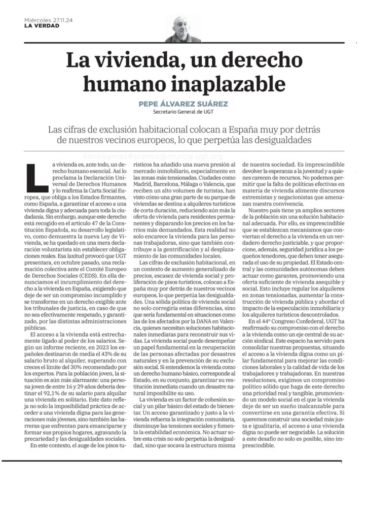 La vivienda, un derecho humano inaplazable – Artículo de opinión de Pepe Álvarez, Sº Gral. de UGT