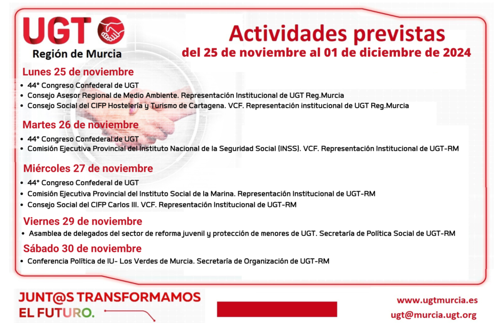 Actividades Previstas por la Comisión Ejecutiva Regional de UGT-RM, semana del 25 de nov. al 01 de diciembre 2024