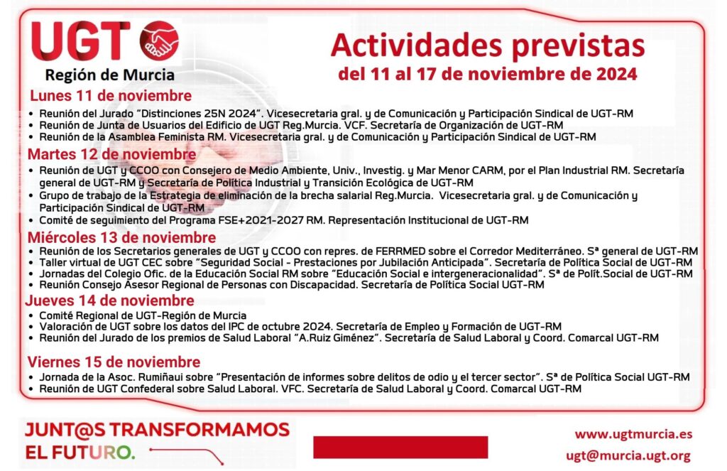 Previsiones Informativas de la Comisión Ejecutiva Regional de UGT-RM, semana del 11 al 17 de noviembre 2024