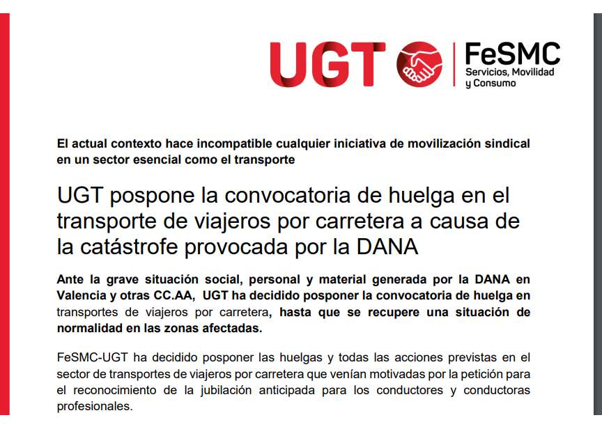 UGT pospone la convocatoria de huelga en el transporte de viajeros por carretera a causa de la catástrofe provocada por la DANA