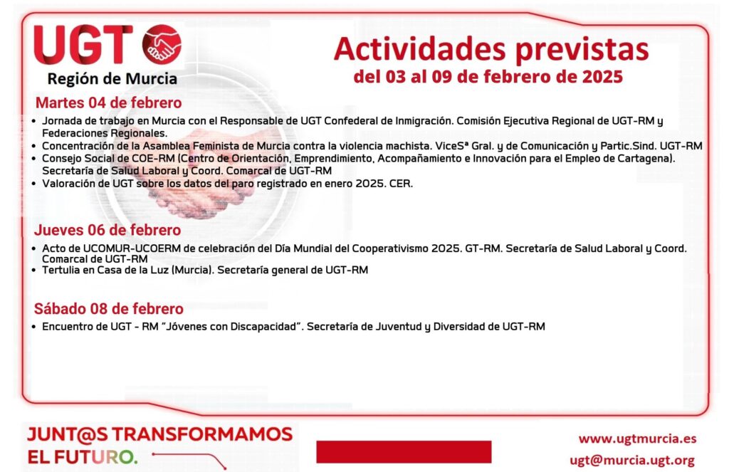 Previsiones informativas de la Comisión Ejecutiva Regional de UGT-RM, semana del 03 al 09 de febrero de 2025