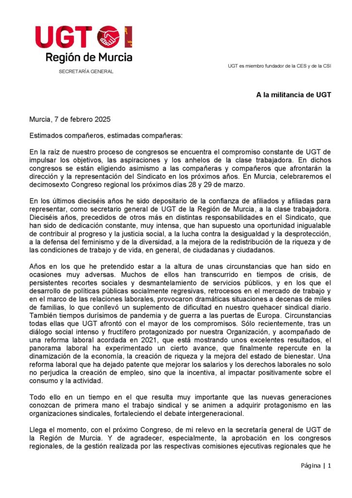 ÚLTIMA HORA.- Antonio Jiménez Sánchez, Secretario general de UGT Reg.Murcia, dejará el cargo el 28 de marzo, en el XVI Congreso Regional de UGT