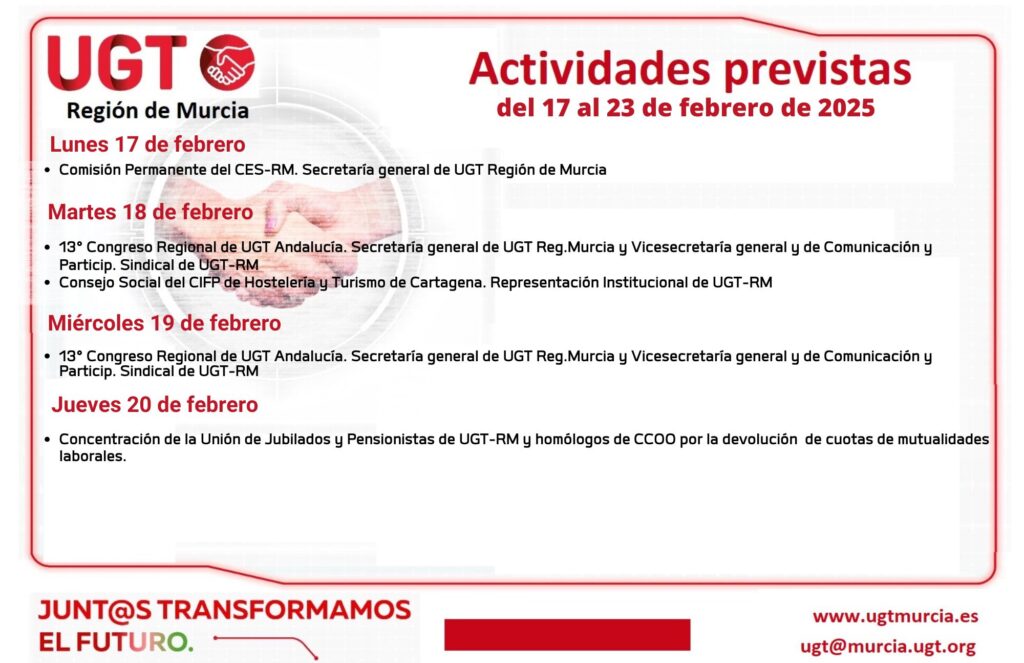 Previsiones informativas de la Comisión Ejecutiva Regional de UGT-RM, semana del 17 al 23 de febrero de 2025